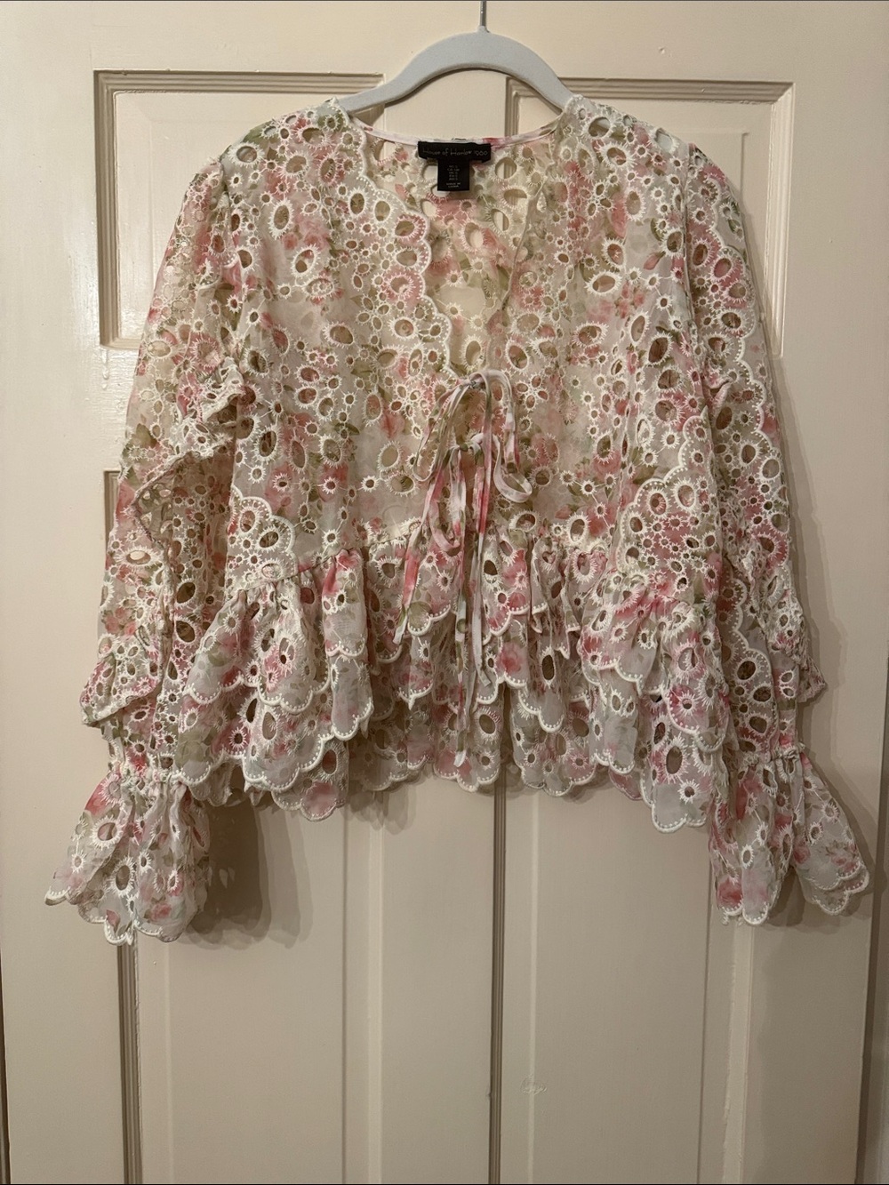 House of Harlow 1960 Pink and White Eyelet Lace Ruffle Blouse